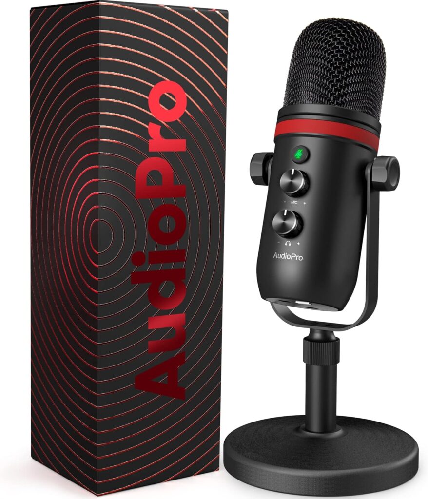AUDIOPRO USB Microphone, Computer Condenser Gaming Mic for PC/Laptop/Phone/PS4/5, Headphone Output, Volume Control, USB Type C Plug and Play, LED Mute Button, for Streaming, Podcast, Studio Recording