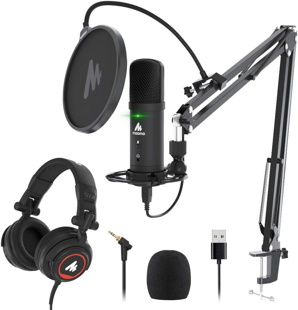MAONO USB Podcast Microphone with Headphone Set, Zero-Latency Monitoring Computer Condenser PC Mic 192KHZ/24Bit with Mute Button for Recording, Voice Over, Streaming（AU-PM401H）