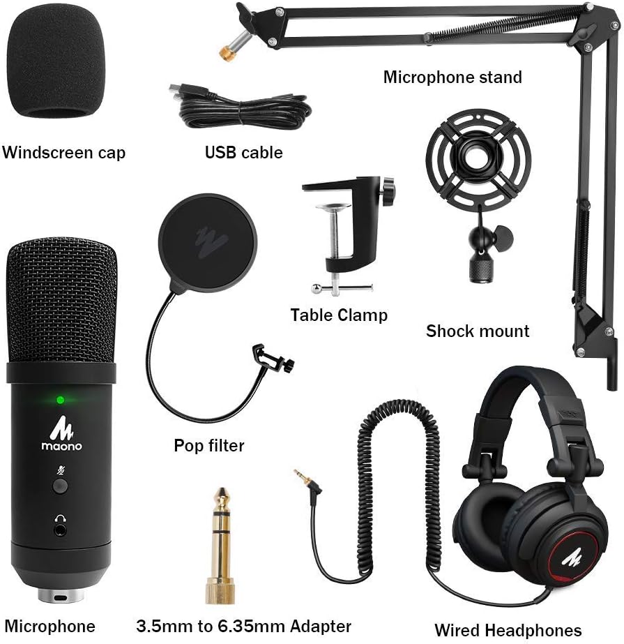 MAONO USB Podcast Microphone with Headphone Set, Zero-Latency Monitoring Computer Condenser PC Mic 192KHZ/24Bit with Mute Button for Recording, Voice Over, Streaming（AU-PM401H）