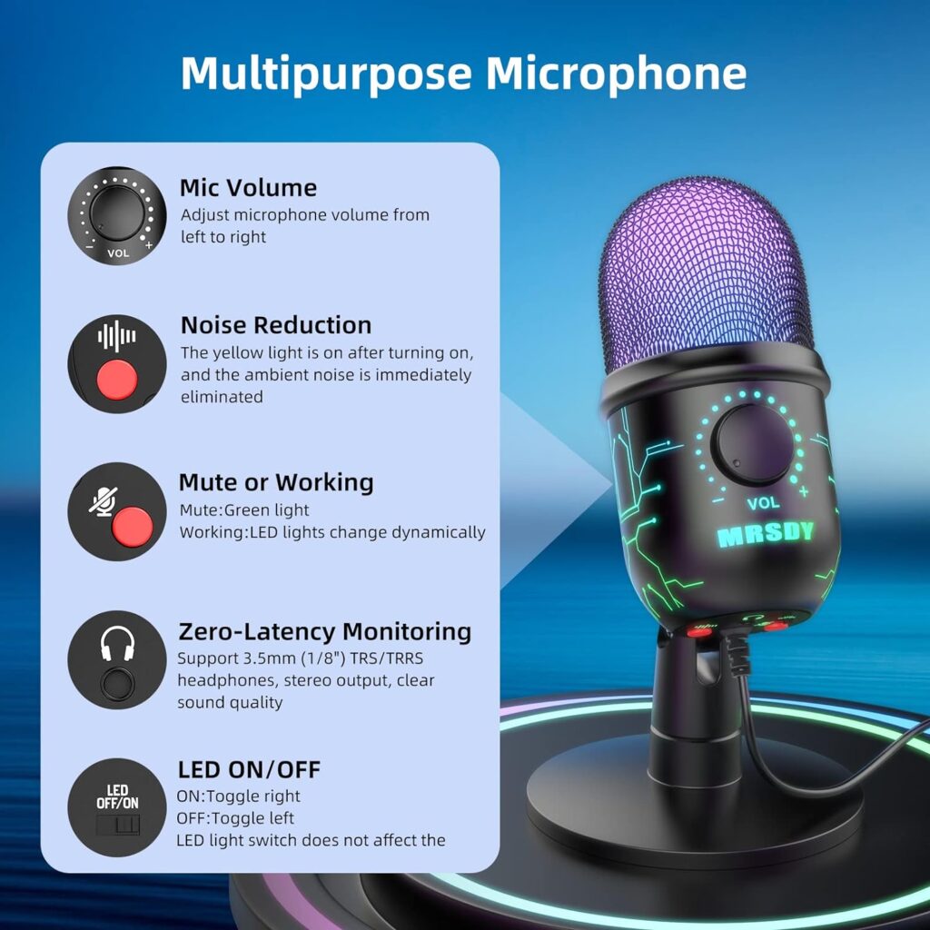 MRSDY USB Microphone, Plug and Play Gaming Mic for PC, Mac, PS4/5, Podcast Microphone with RGB, Mute, Monitor, Noise Reduction, Volume Gain, Great for Recording, Streaming