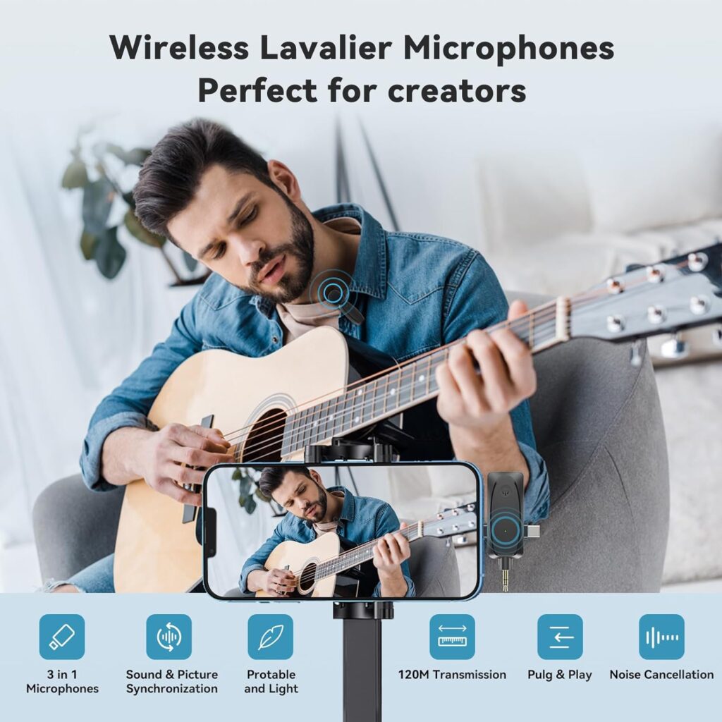 3 in 1 Mini Wireless Lavalier Microphone for iPhone, Android, Camera and Laptop - Cordless Lapel Mic, Plug  Play, Noise Cancellation, Double Mics for YouTube TikTok Video Recording, Interview, Vlog