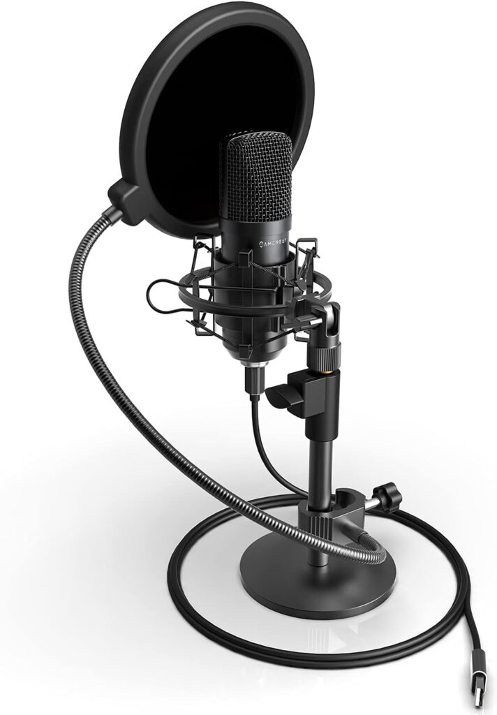Amcrest Podcast Microphone for Streaming, Voice Recording, Gaming, Conferences, Meetings - Included Pop-Filter, Shock Mount,  Adjustable Heavy Metal Stand, USB AM430-PS