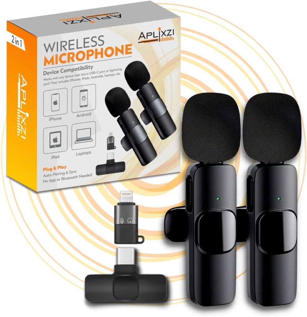 APLIXZI Wireless Lavalier Microphone for iPhone, iPad, Android  Laptop (Set of 2), 2.4GHz Mini Microphone for Video Recording, YouTube, TikTok, Vlogging, Interviews, Plug and Play, Noise Reduction
