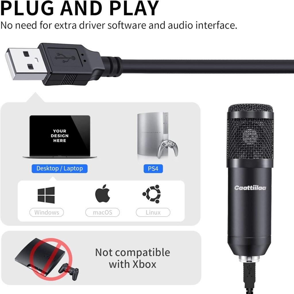 Caattiilaa USB Microphone - PC Streaming Podcast Microphone, Recording Microphone, Gaming Microphone, 192KHZ/24Bit Electrical Condenser Mic, USB Mic Kit with Sound Chipset Boom Arm Set