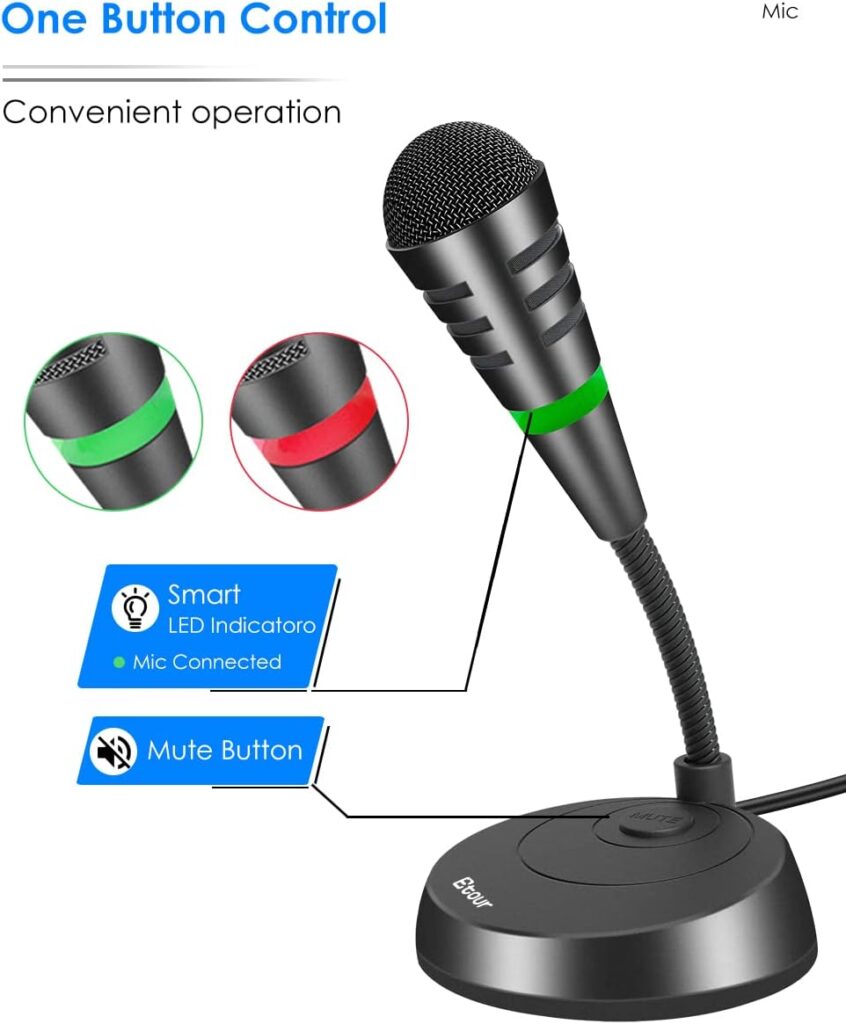 Etour Mini USB Computer Microphone for Zoom Meetings with Mute Button 360 Gooseneck for Podcasting/YouTube/Skype, External USB C Gaming Mic for Samsung Tablet A7 Laptop Mac PC or Windows