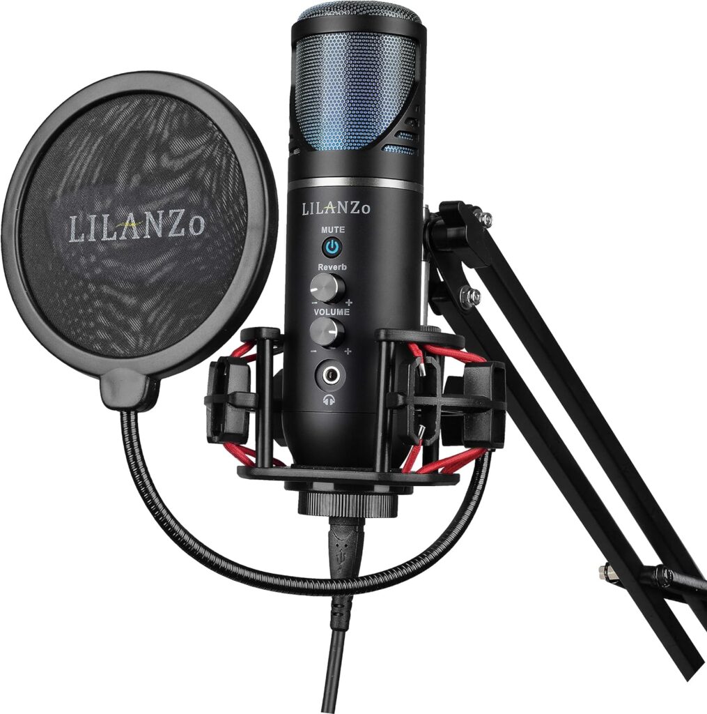 LILANZo USB Microphone, Podcast Gaming Microphone for PC PS4/5 Streaming, Computer Condenser Cardioid Mic for Recording, Singing, YouTube, Tiktok, Studio Mic Kit with Boom Arm, Mute, Volume, Reverb