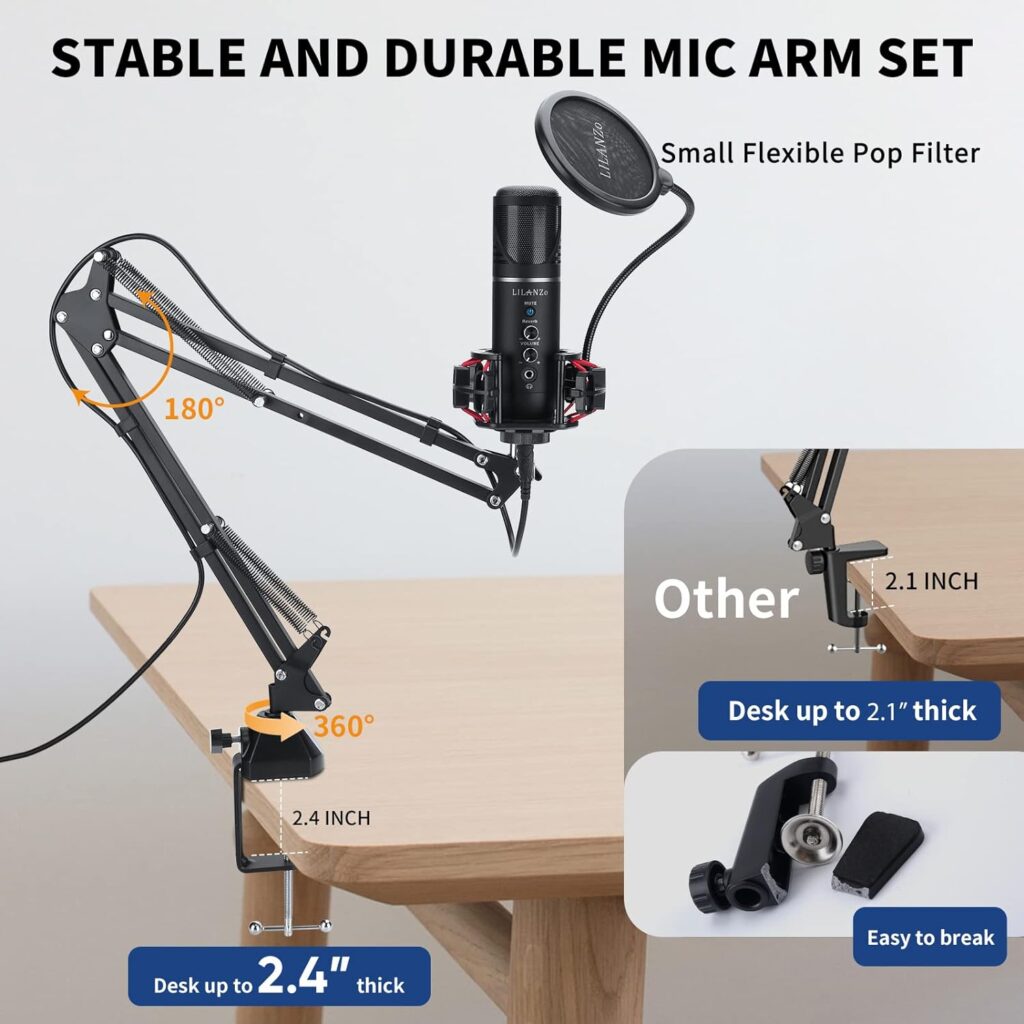 LILANZo USB Microphone, Podcast Gaming Microphone for PC PS4/5 Streaming, Computer Condenser Cardioid Mic for Recording, Singing, YouTube, Tiktok, Studio Mic Kit with Boom Arm, Mute, Volume, Reverb
