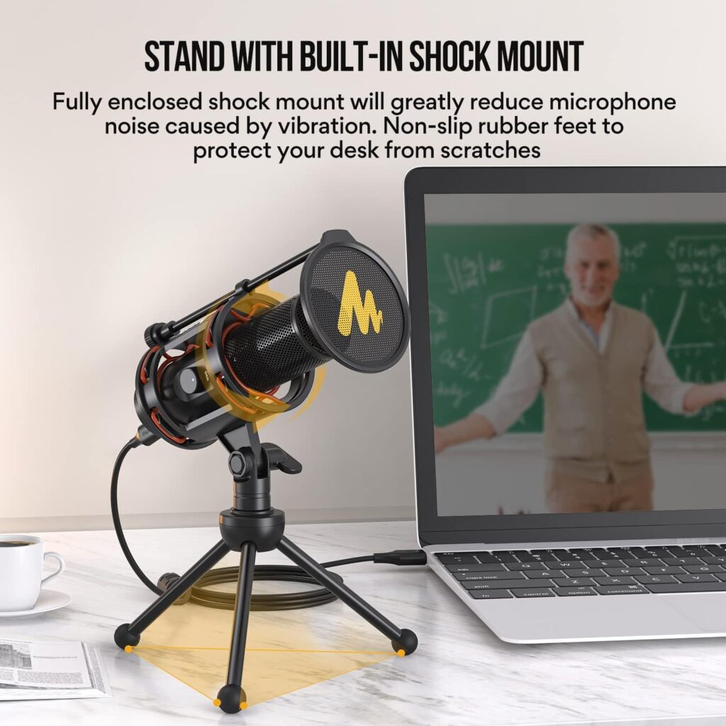 MAONO Computer Microphone All in One USB Condenser Mic 192kHz/24bit with Metal Pop Filter, Tripod, Gain Knob0-Latency Monitoring for Zoom Meeting, Podcasting, Streaming, YouTube, Voice Over, Gaming