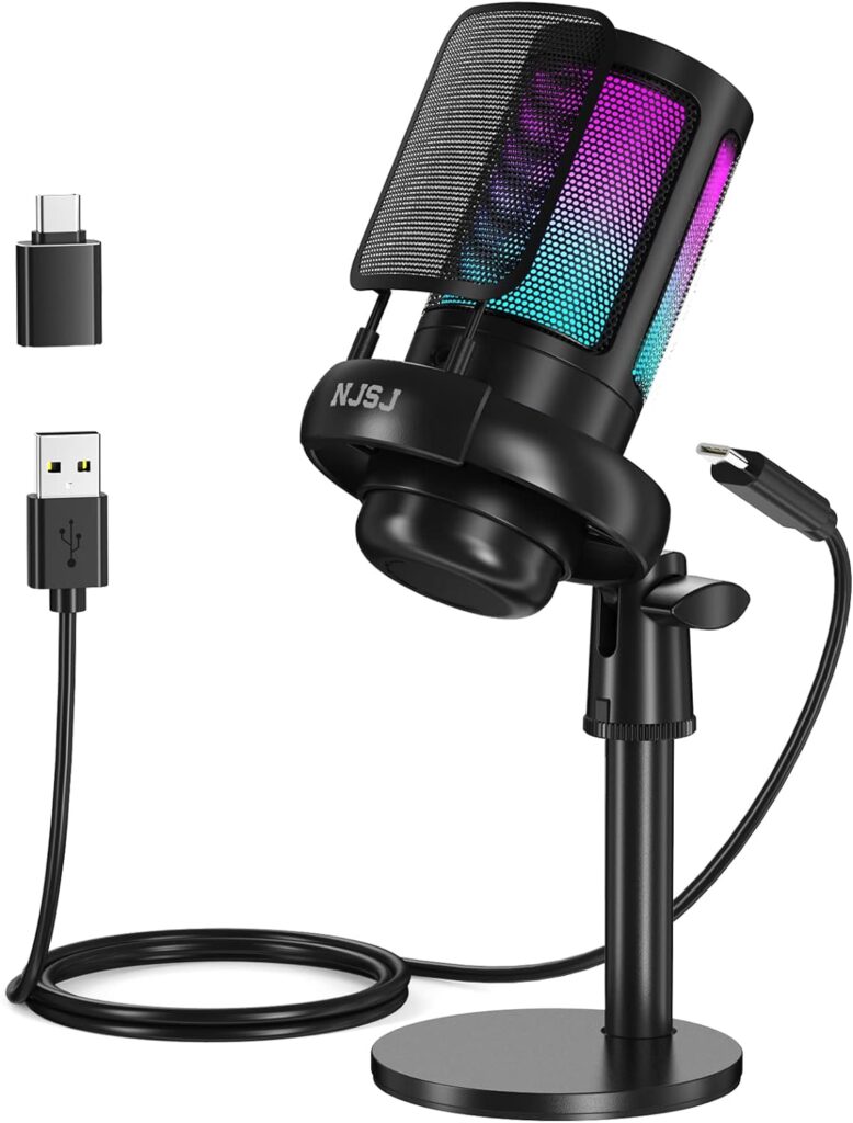 NJSJ USB Microphone for PC, Gaming Mic for PS4/ PS5/ Mac/Phone,Condenser Microphone with Touch Mute, RGB Lighting,Gain knob  Monitoring Jack for Streaming,Podcasting (with Desktop Stand, Black)
