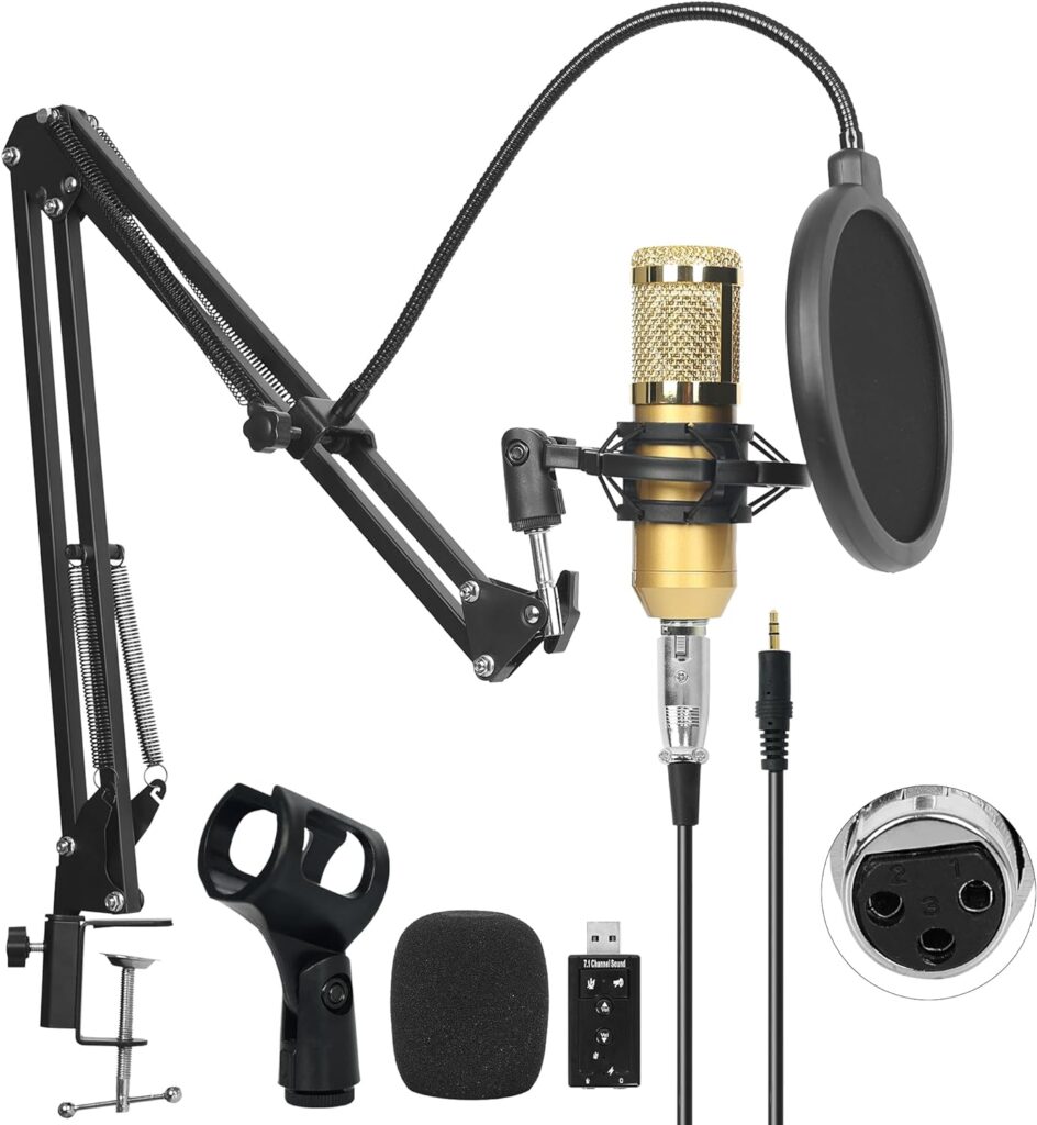 NKFUNGAT Professional Plug  Play PC Computer Podcast Condenser Microphone Cardioid Mic Kit with for Studio Recording, Gaming, Singing, YouTube (Gold)