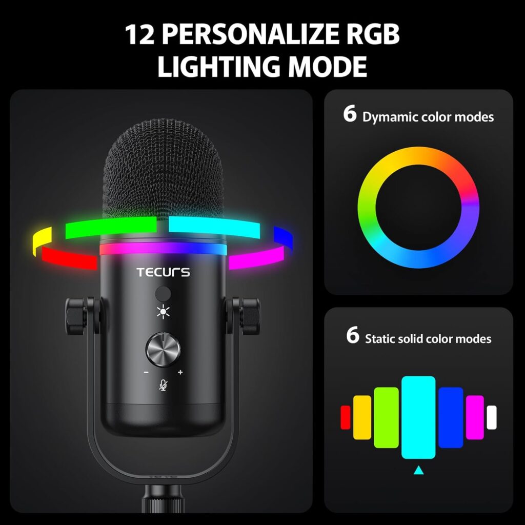TECURS RGB Gaming Streaming Recording PC Microphone Kit,USB Condenser Computer Mic Bundle for Podasts,Audio,Vocal,Video on Mac/Desktop/Laptop,with Boom Arm Stand