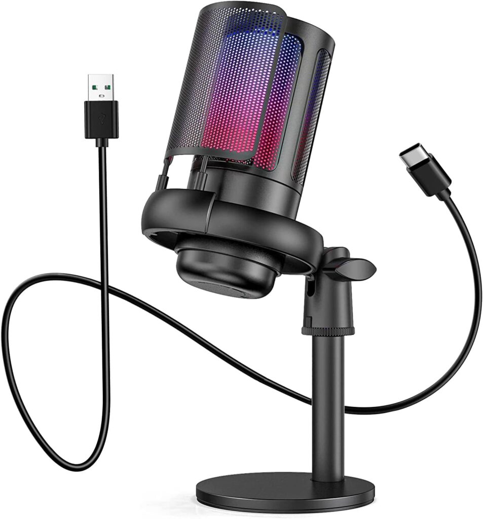 USB Microphone for PC,Computer Gaming Mic for PS4/ PS5/ Mac,Condenser Mic with Quick Mute,RGB Light,Pop Filter,Shock Mount,Gain knob  Monitoring Jack for Recording,Streaming,Podcasting,YouTube