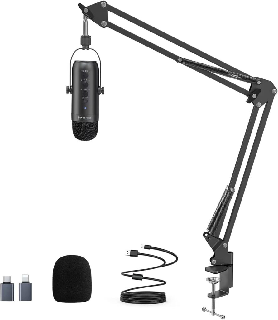 ZealSound Gaming Microphone Kit,Podcast Condenser USB Mic with Boom Arm,Supercardioid Microphone with Mute Button,Echo Volume Gain Knob,Adjust Monitor for Phone PC Computer Tablet Streaming Recording