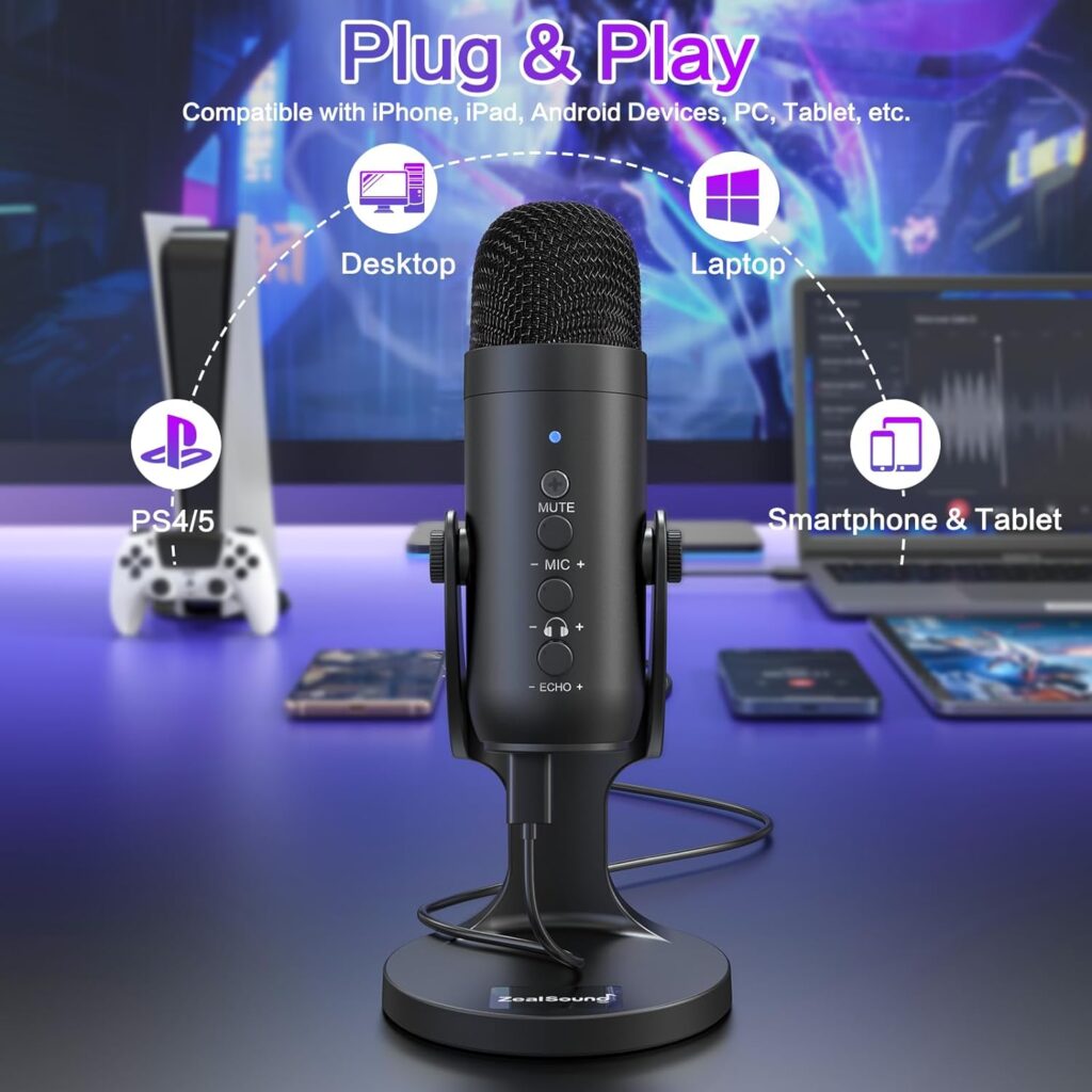 ZealSound USB Microphone,Condenser Computer PC Mic,PlugPlay Gaming Microphones for PS 45.Headphone OutputVolume Control,Mic Gain Control,Mute Button Vocal,YouTube Podcast on MacWindows(Black)